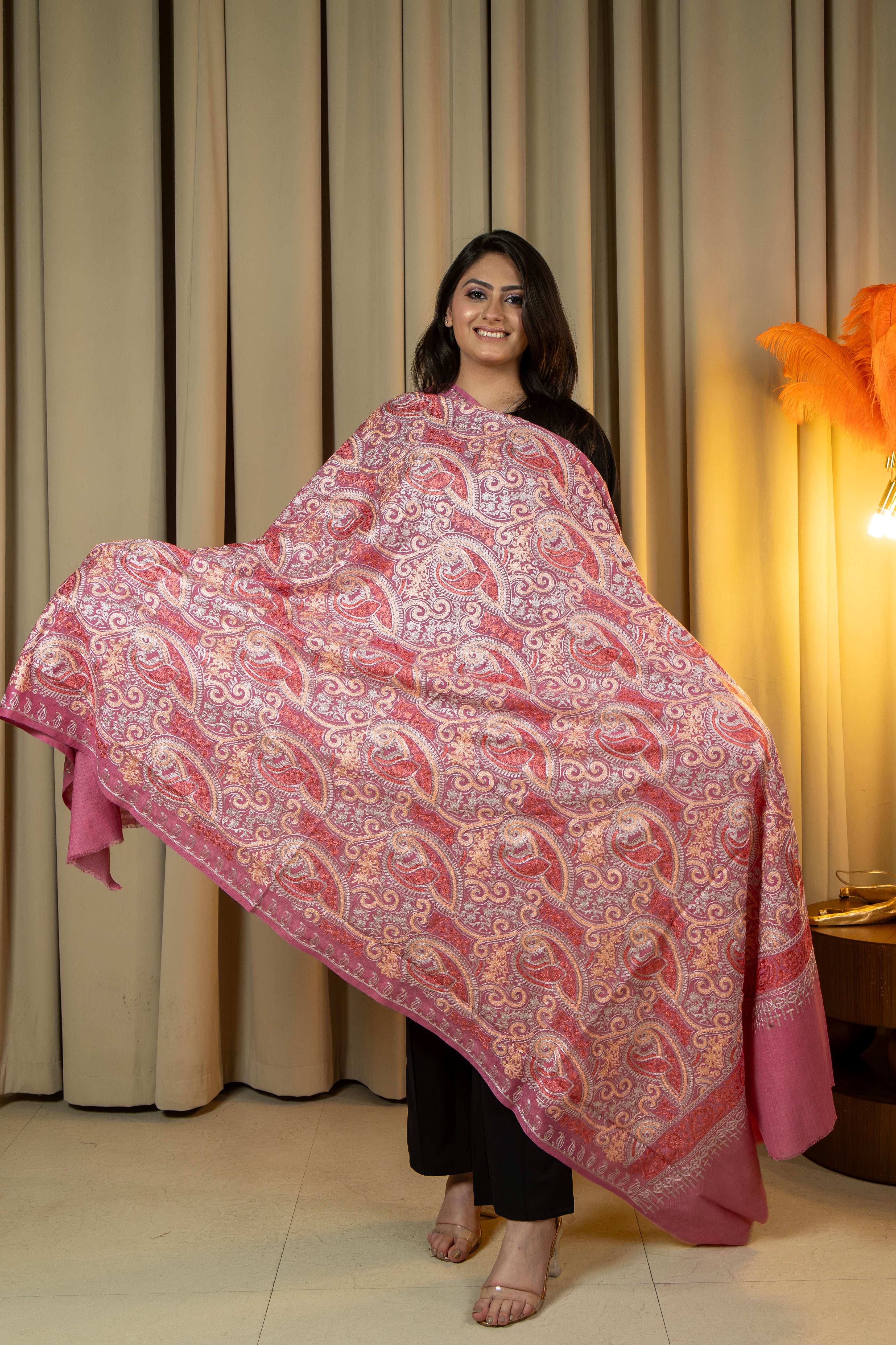 Aari Embroidered Pink Poly Wool Shawl For Women