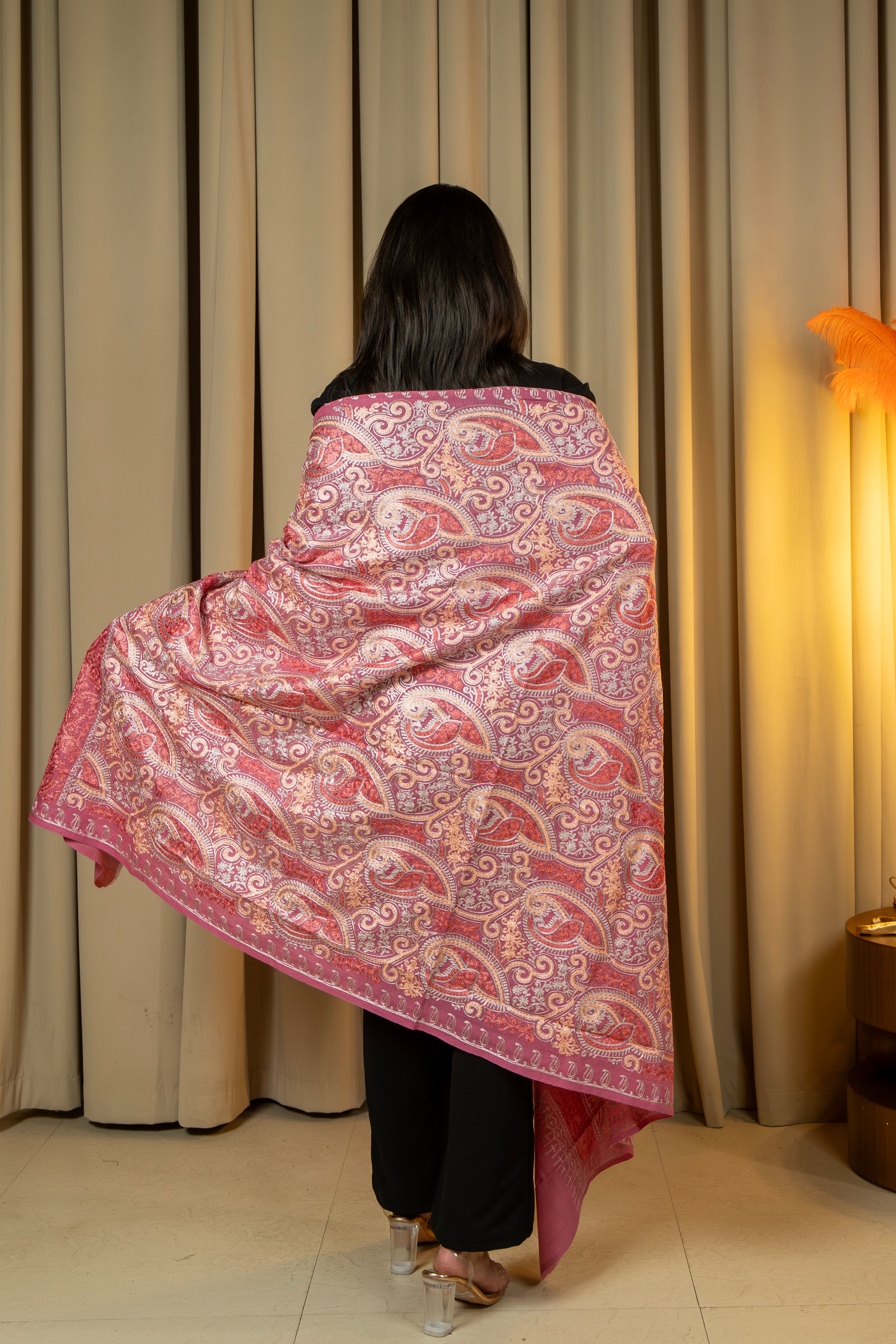 Aari Embroidered Pink Poly Wool Shawl For Women