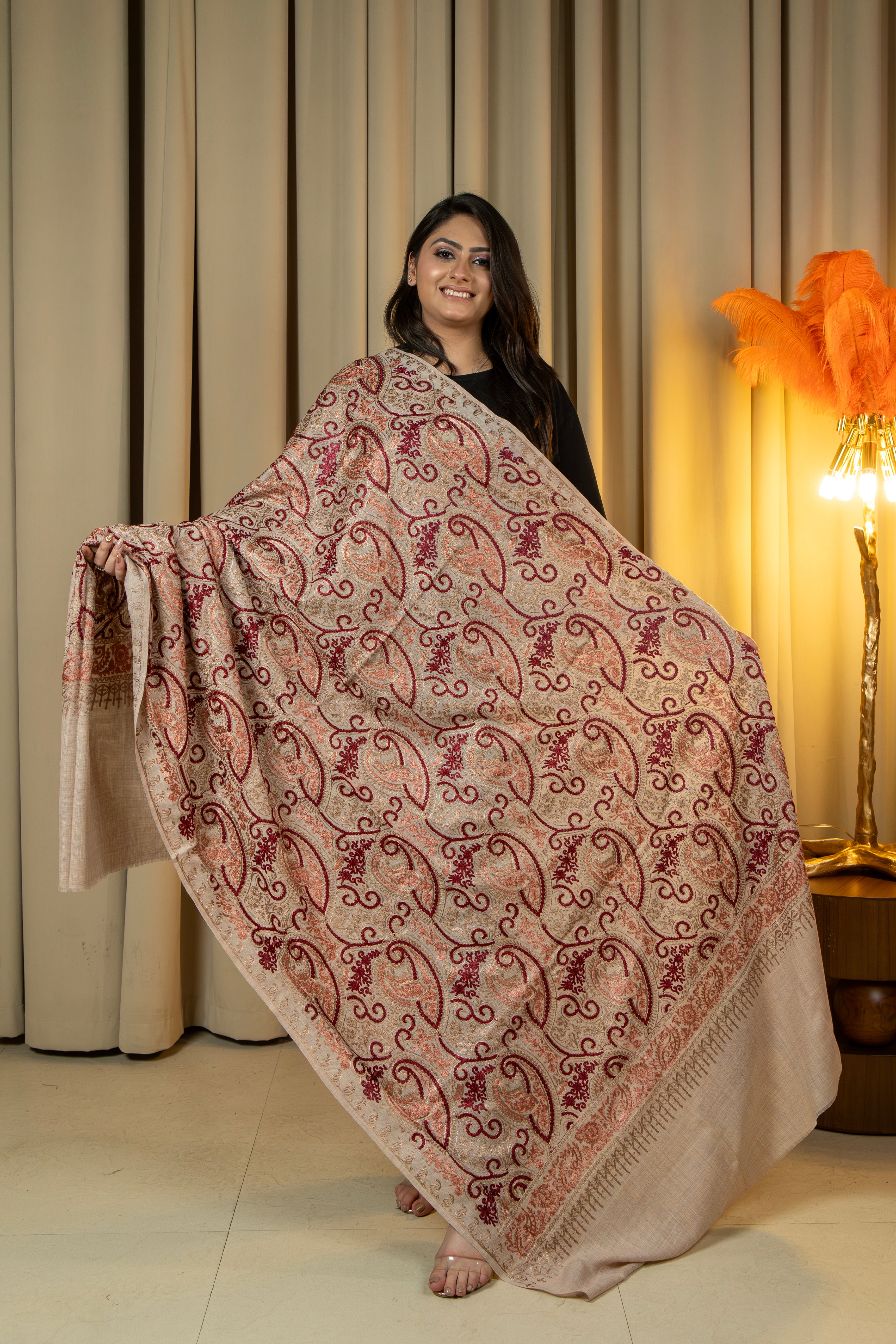 Aari Embroidered Beige Poly Wool Shawl For Women