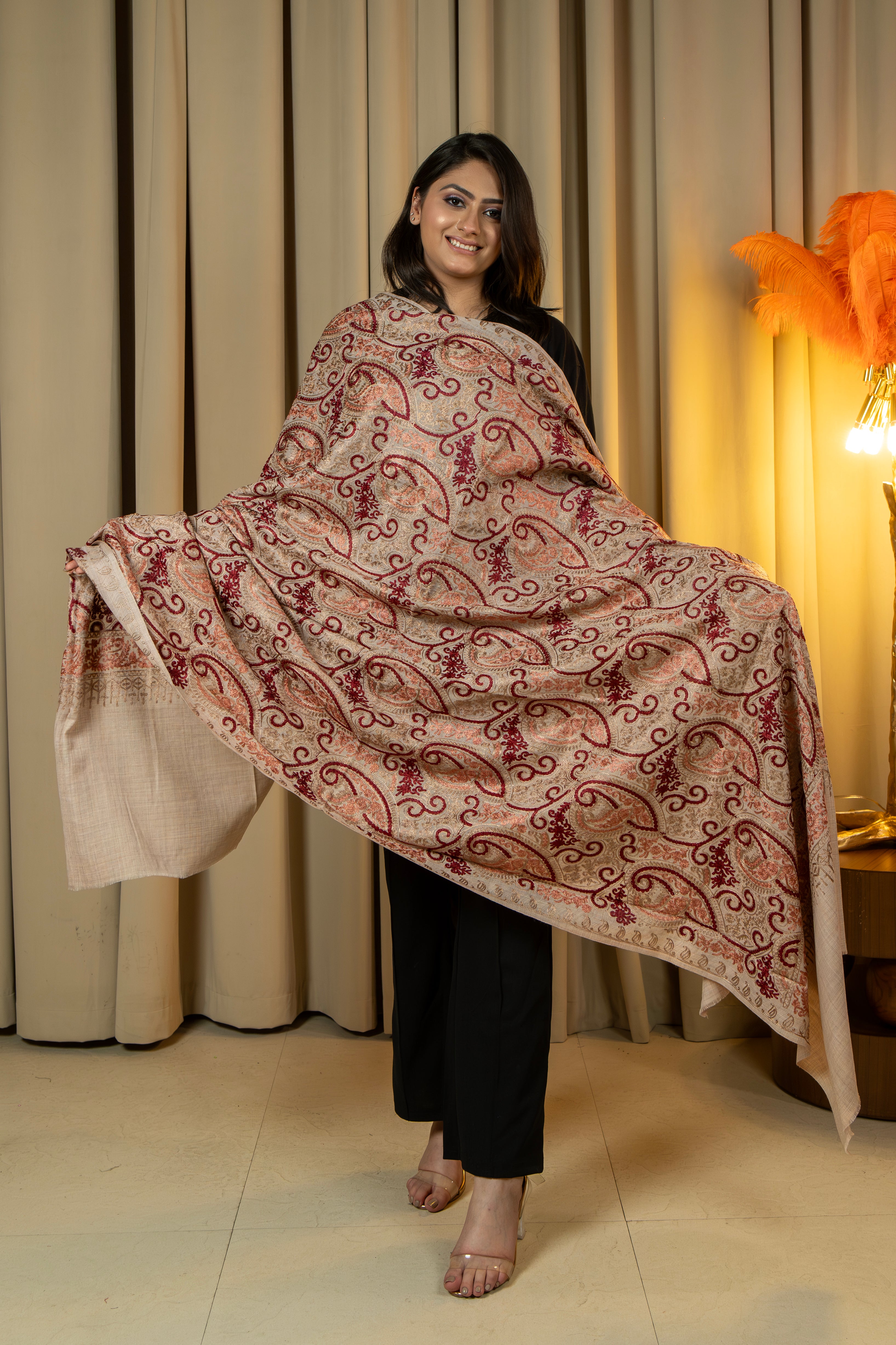 Aari Embroidered Beige Poly Wool Shawl For Women