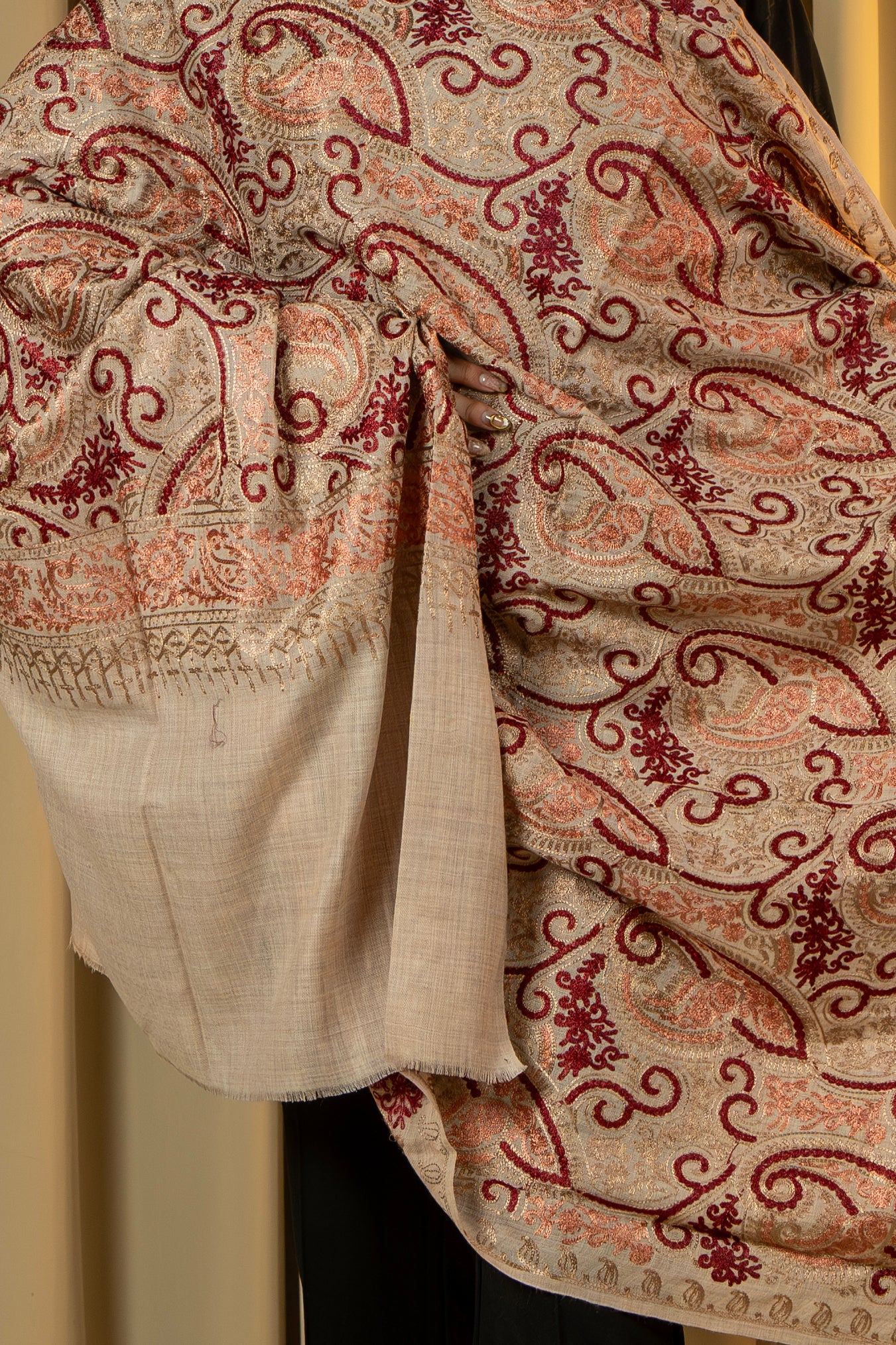 Aari Embroidered Beige Poly Wool Shawl For Women