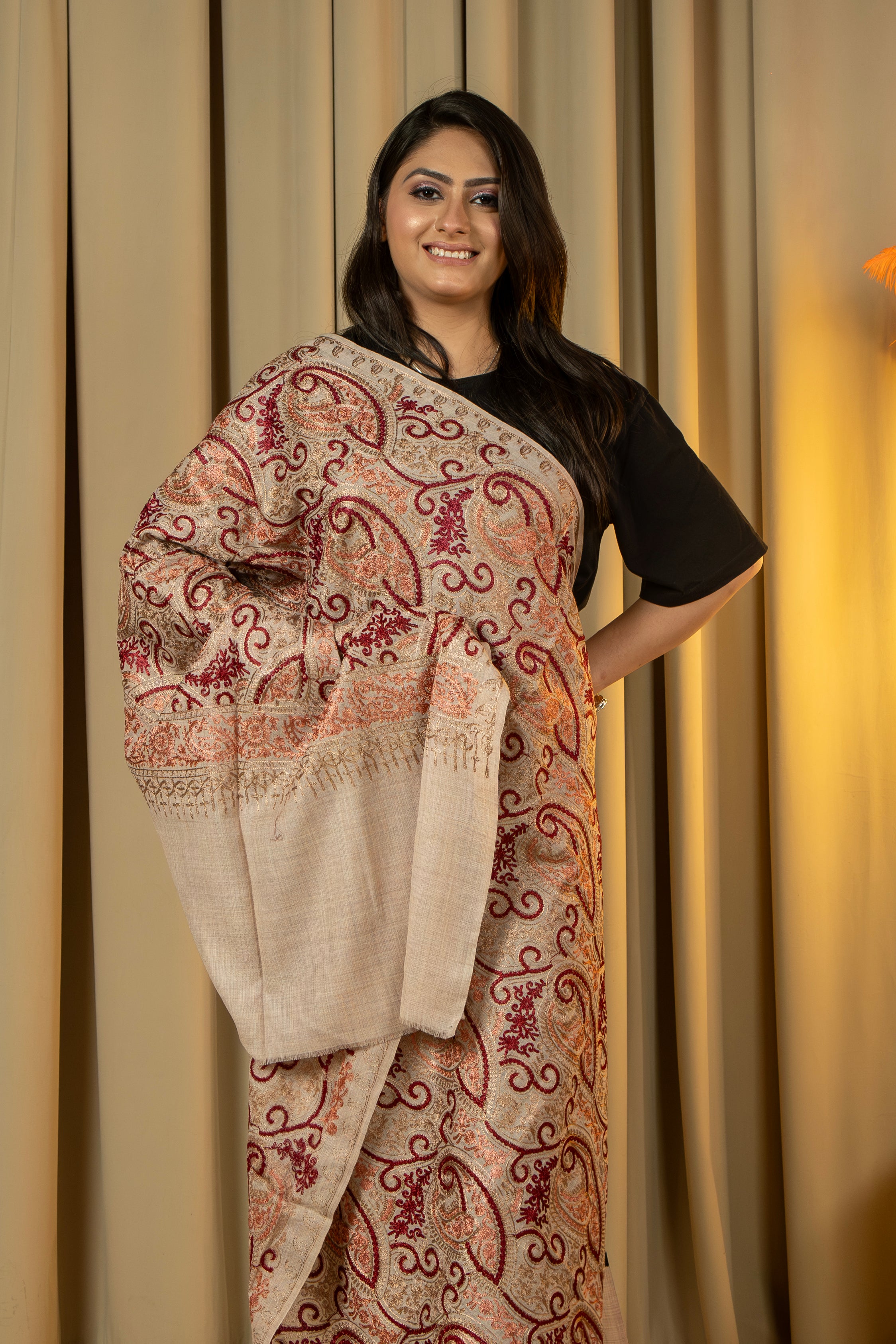 Aari Embroidered Beige Poly Wool Shawl For Women