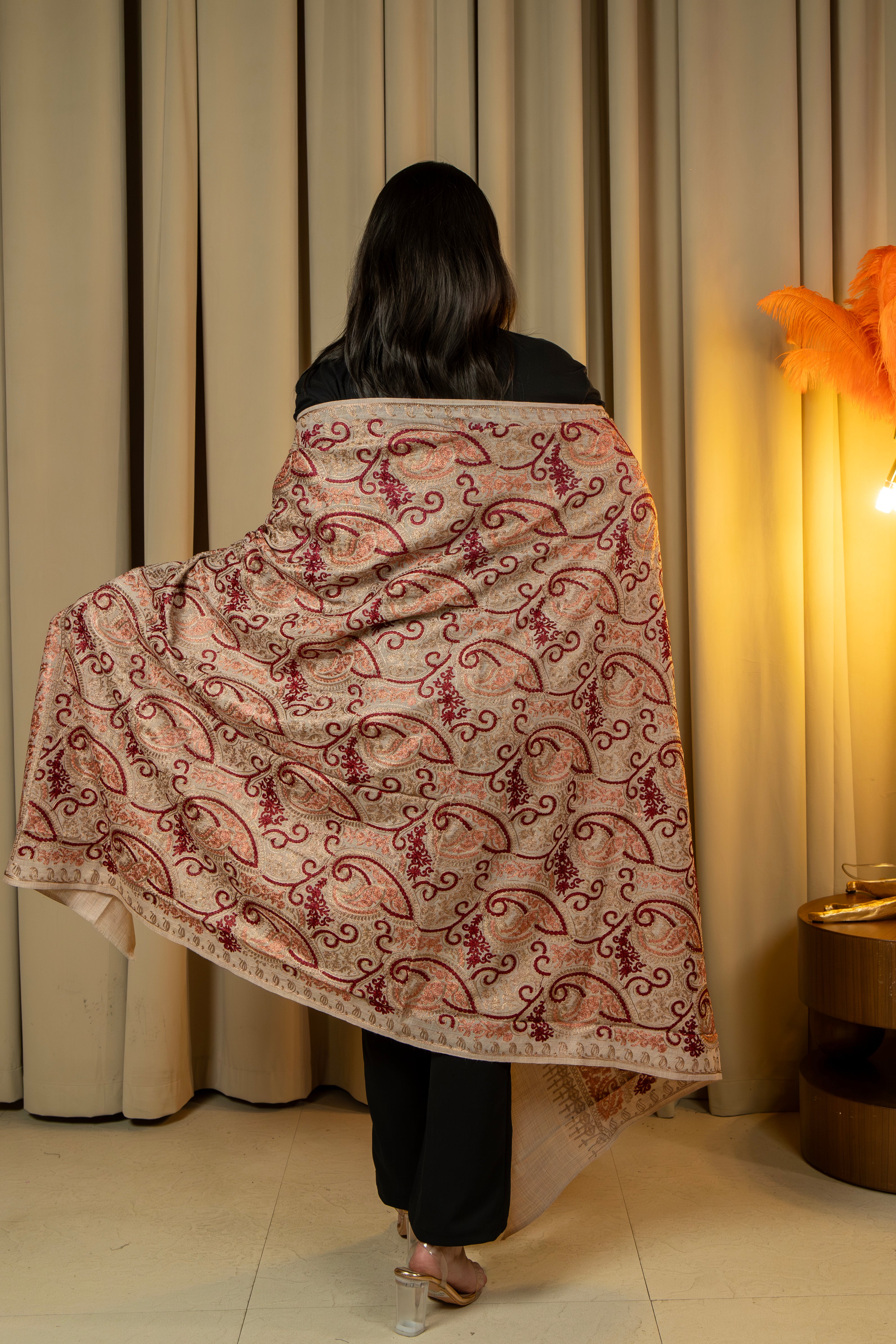 Aari Embroidered Beige Poly Wool Shawl For Women