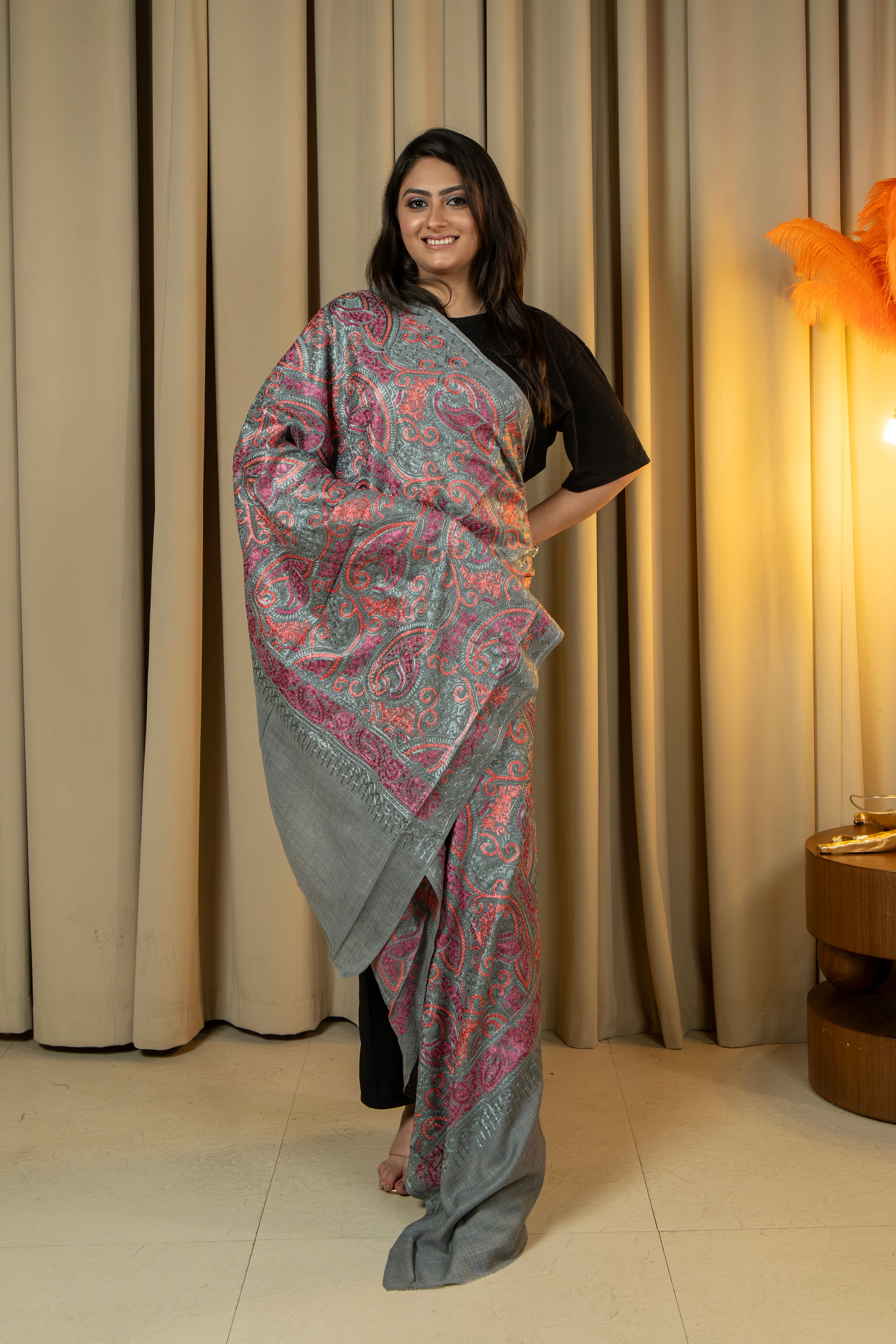 Aari Embroidered Grey Poly Wool Shawl For Women