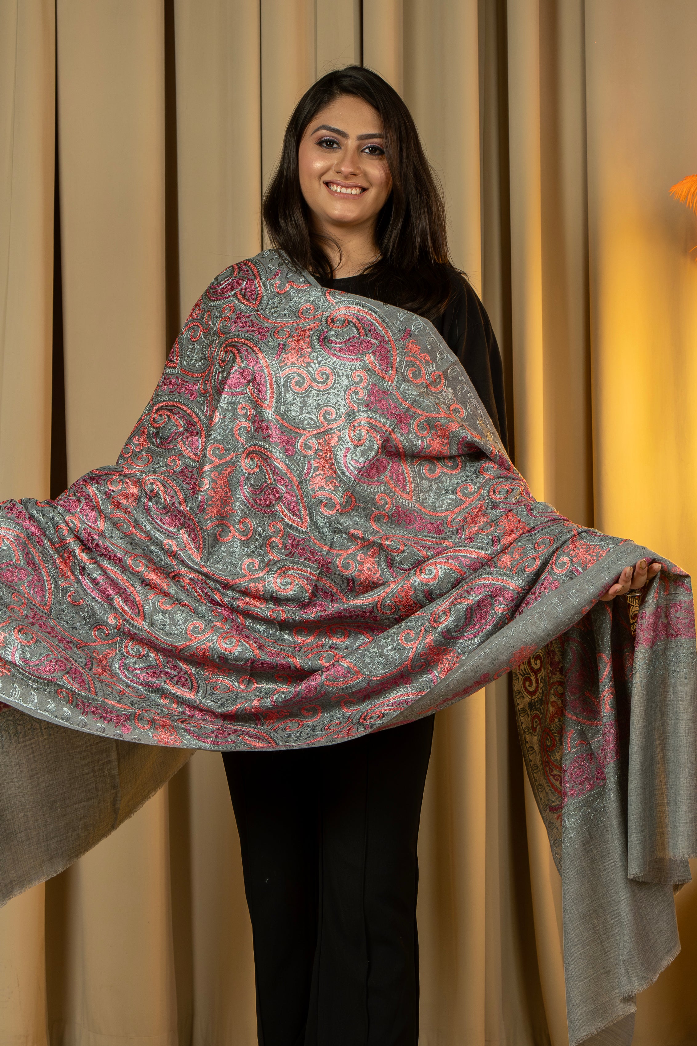 Aari Embroidered Grey Poly Wool Shawl For Women