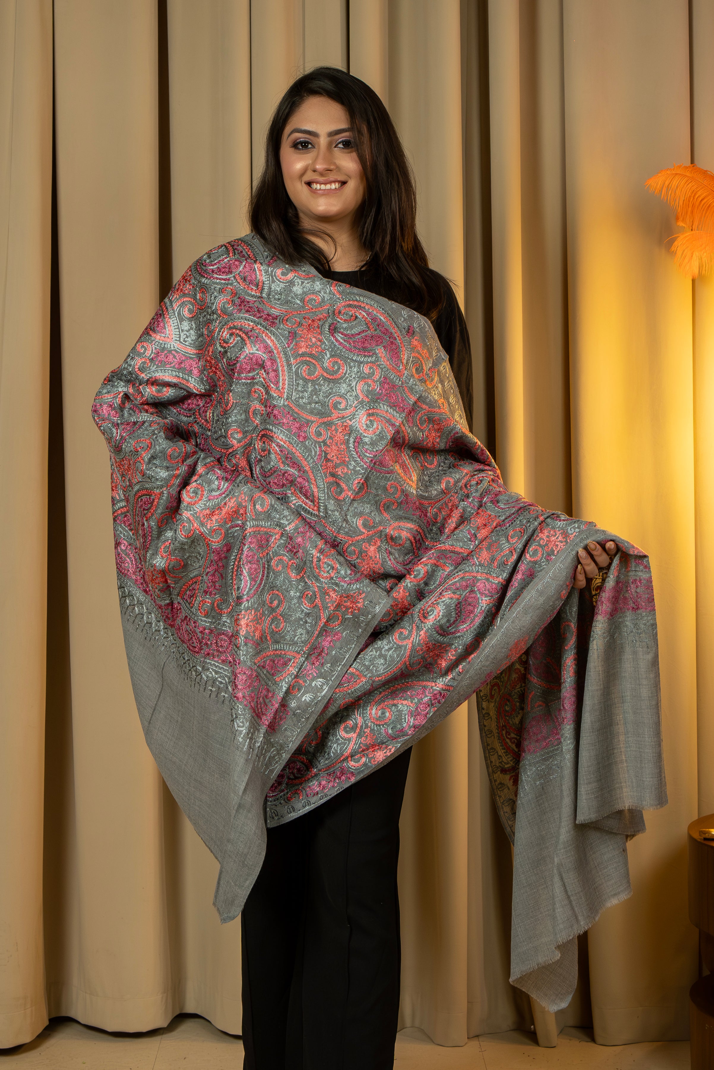 Aari Embroidered Grey Poly Wool Shawl For Women
