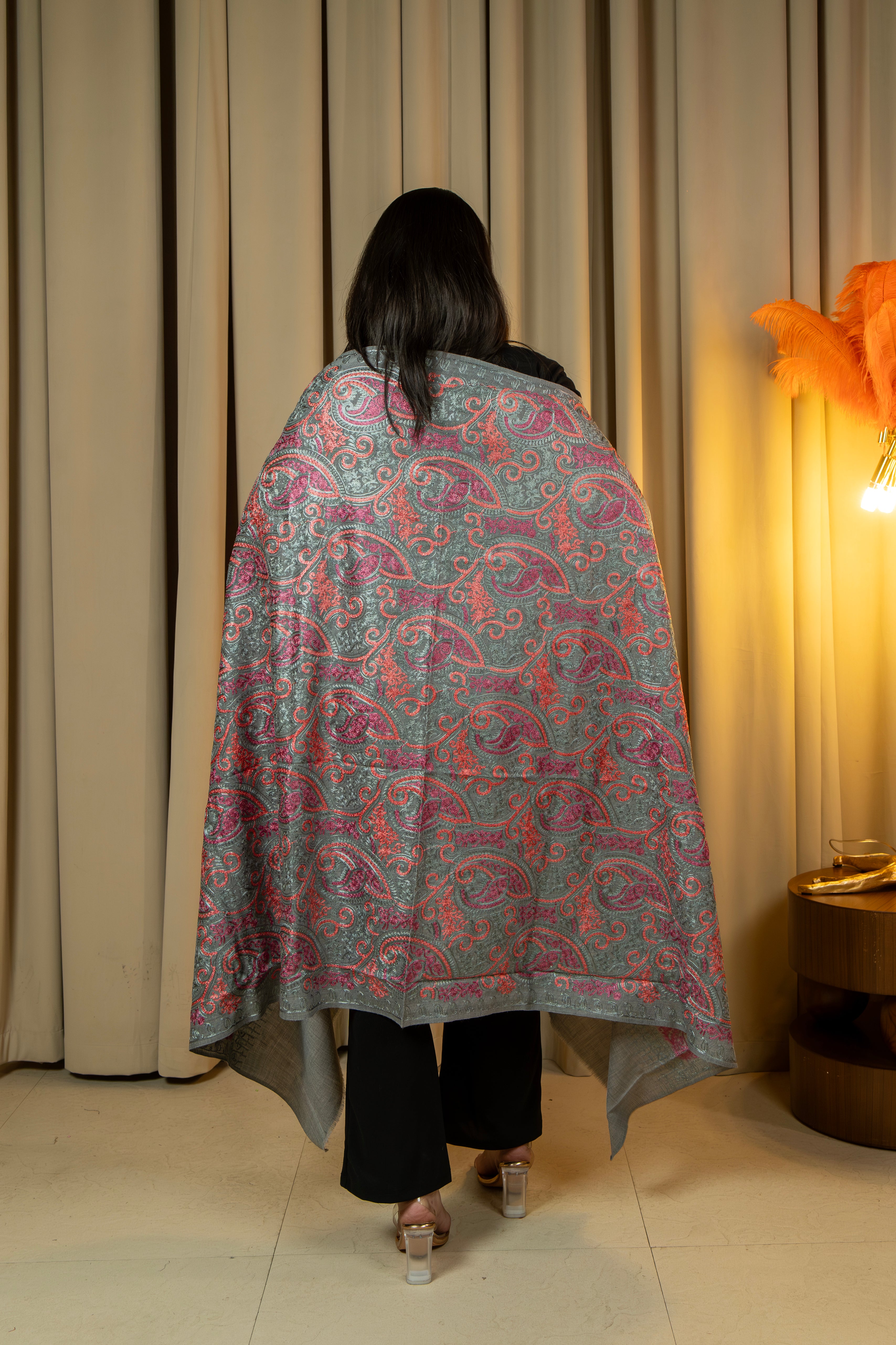 Aari Embroidered Grey Poly Wool Shawl For Women