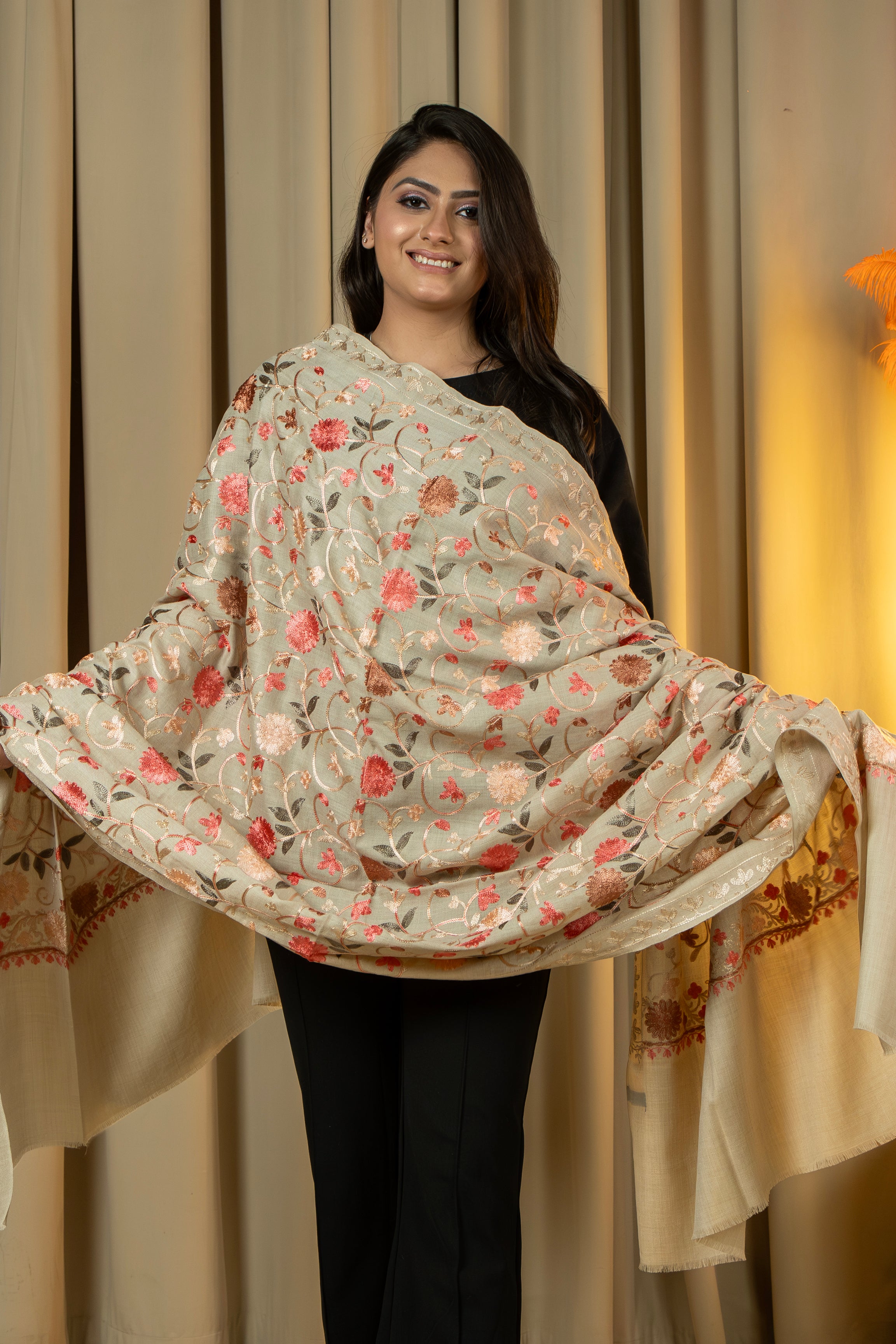 Aari Embroidered Beige Poly Wool Shawl For Women