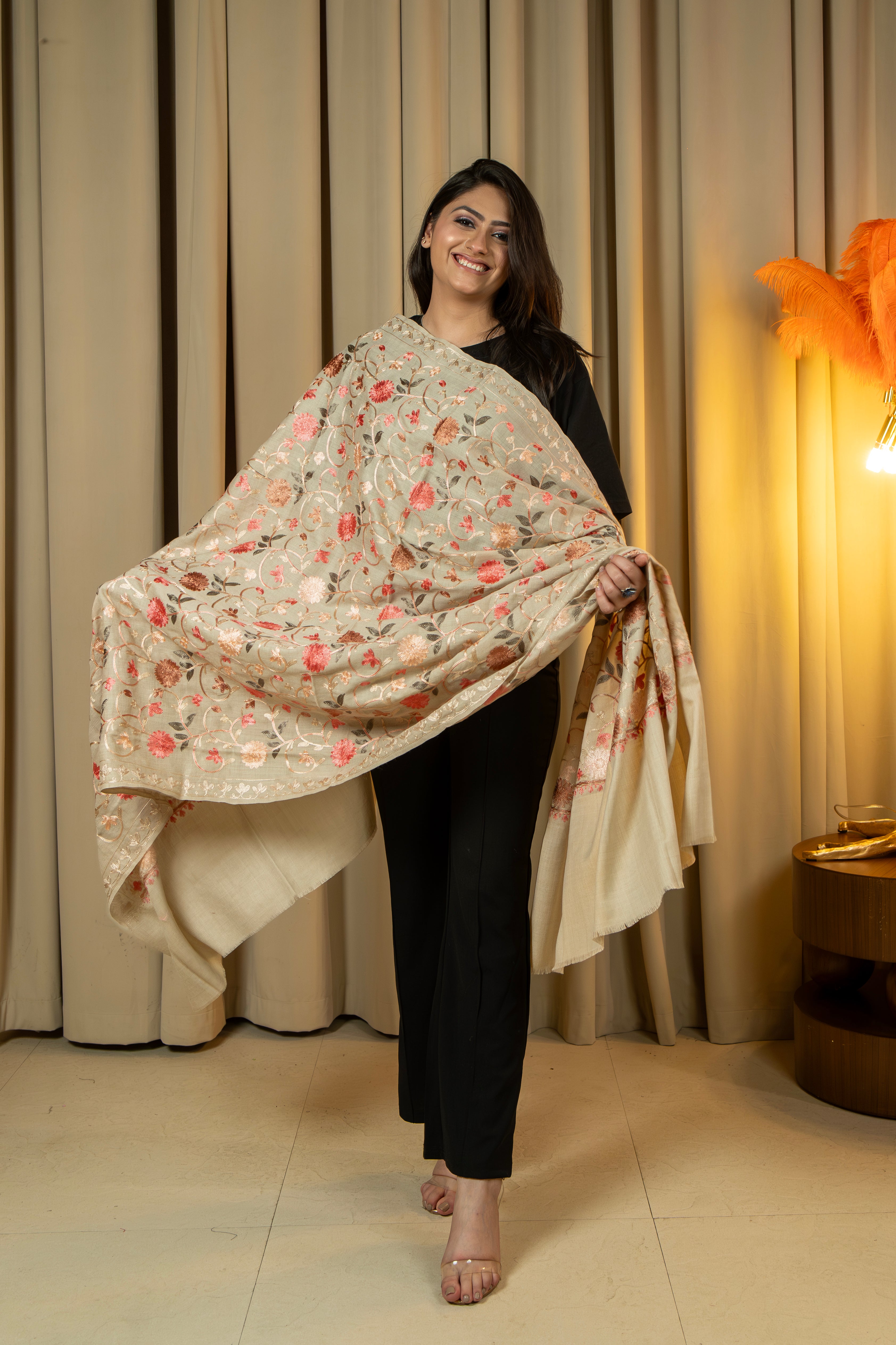 Aari Embroidered Beige Poly Wool Shawl For Women