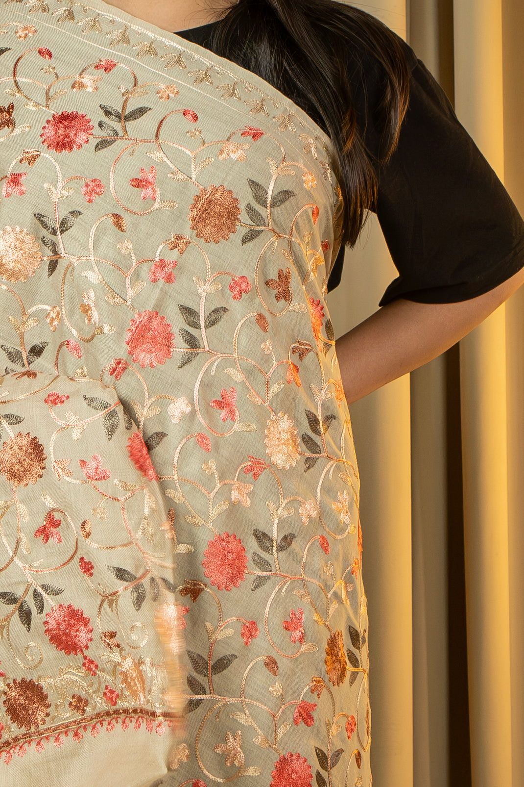 Aari Embroidered Beige Poly Wool Shawl For Women