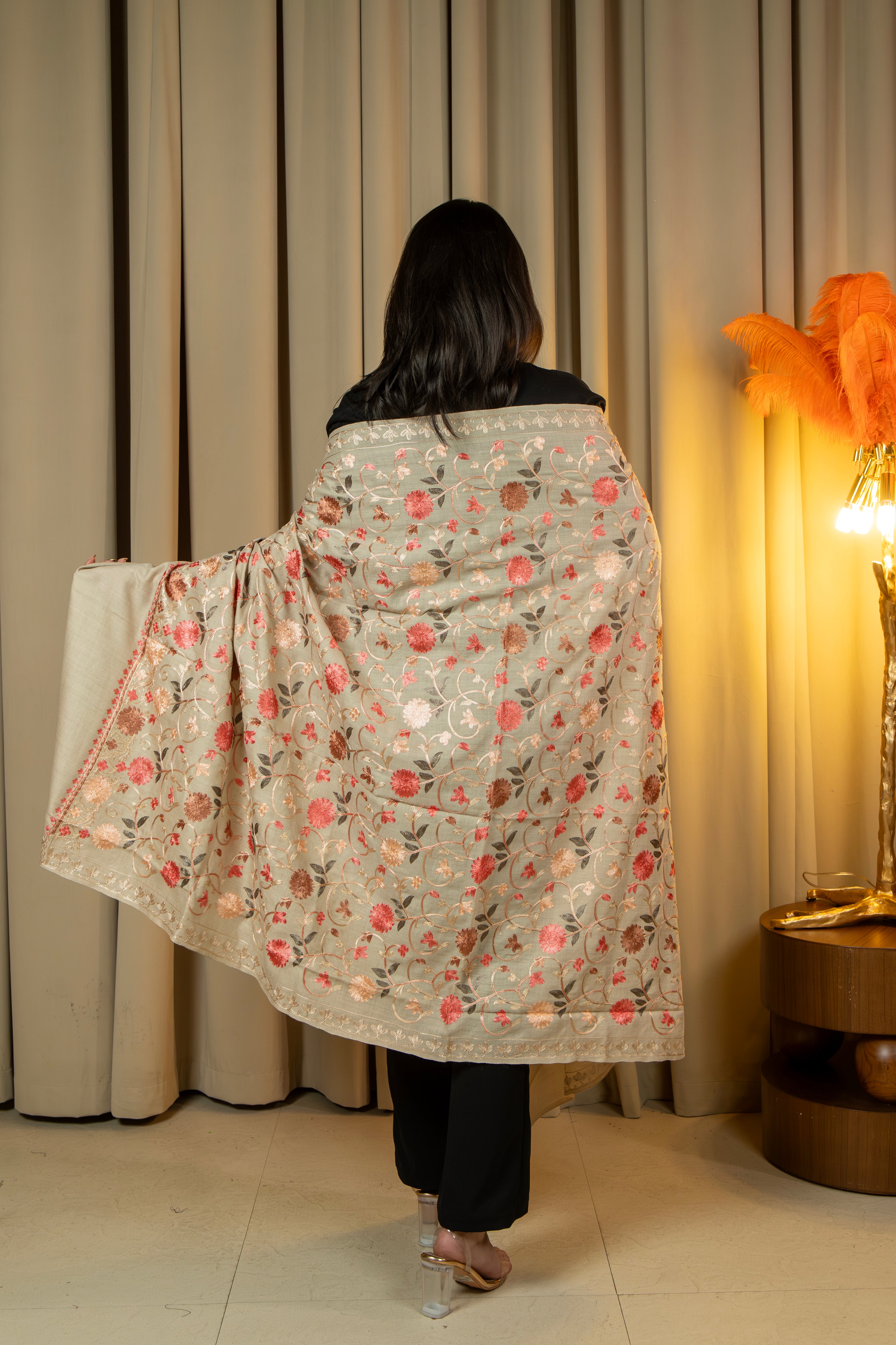 Aari Embroidered Beige Poly Wool Shawl For Women